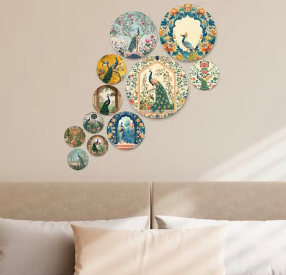 Peacock Decorative Set of 11 | Wooden Wall painting for Home | Living Room | Bedroom | Home Decor