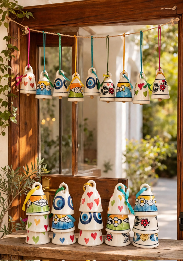 Decorative Ceramic Bells Set of 6 | hanging bells for festival and party | Home decor bells for door, window, garden | Wind chimes